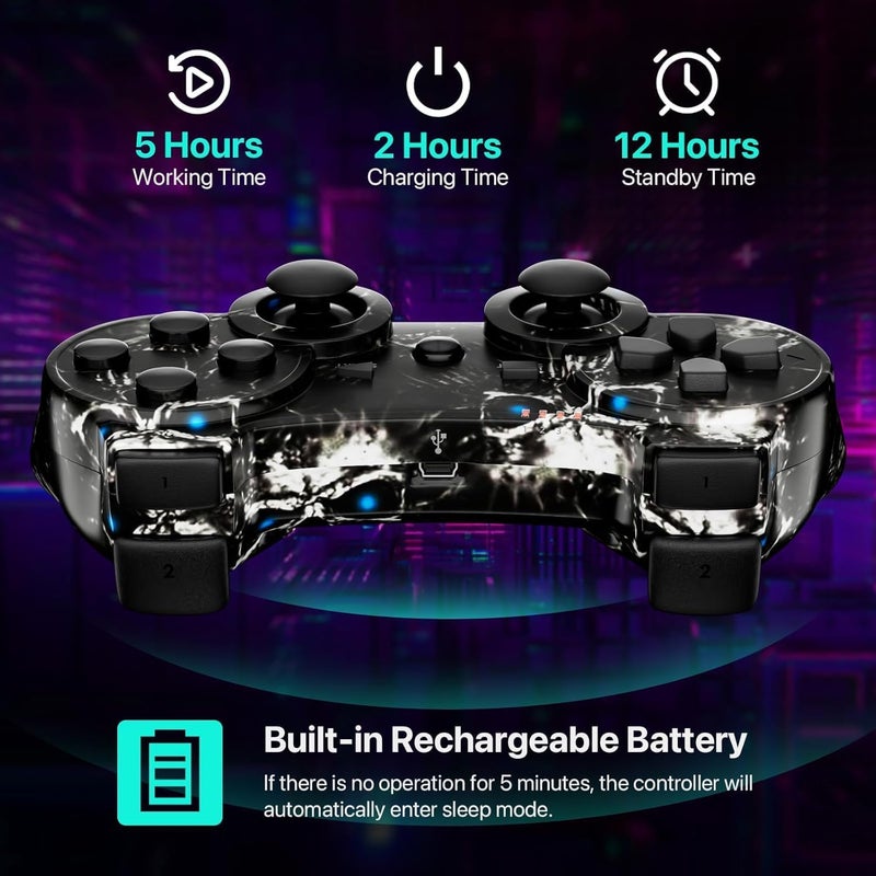 CHENGDAO جهاز تحكم CHENGDAO لـ PS3، حزمة مزدوجة من أجهزة التحكم اللاسلكية لـ PlayStation 3 6-Axis مع اهتزاز مزدوج عالي الأداء، تحكم حركي، كابل شحن USB (جمجمة + أزرق) - Image 2