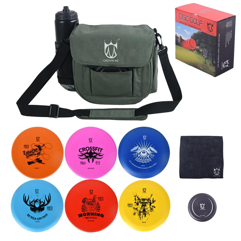 CROWN ME Disc Golf Set Disc Golf Starter SetIncludes 1pc Bag with Water Bottle Pocket and Accessory Pocket 2pcs Drivers 2pcs MidRanges 2pcs Putters 1pc Mini Disc Marker and 1pc Towel