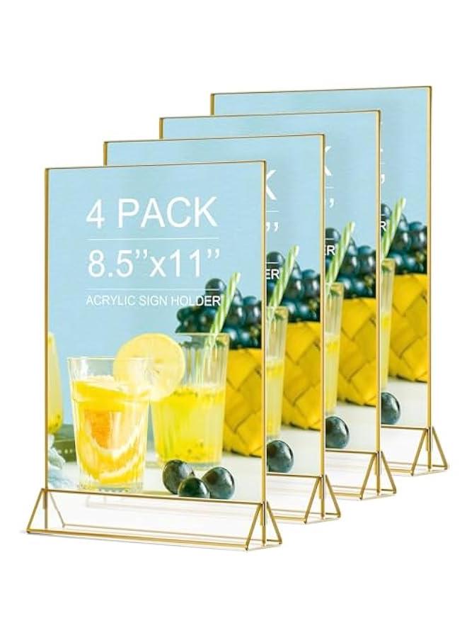 HOOKOR Durku 4Pack 8.5 x 11 Clear Acrylic Sign Holder with Gold Borders and Vertical Stand,Double Sided Table Menu Holders Picture Frames for Wedding Table Numbers,Restaurant Signs,Photos and Art Display - Image 1