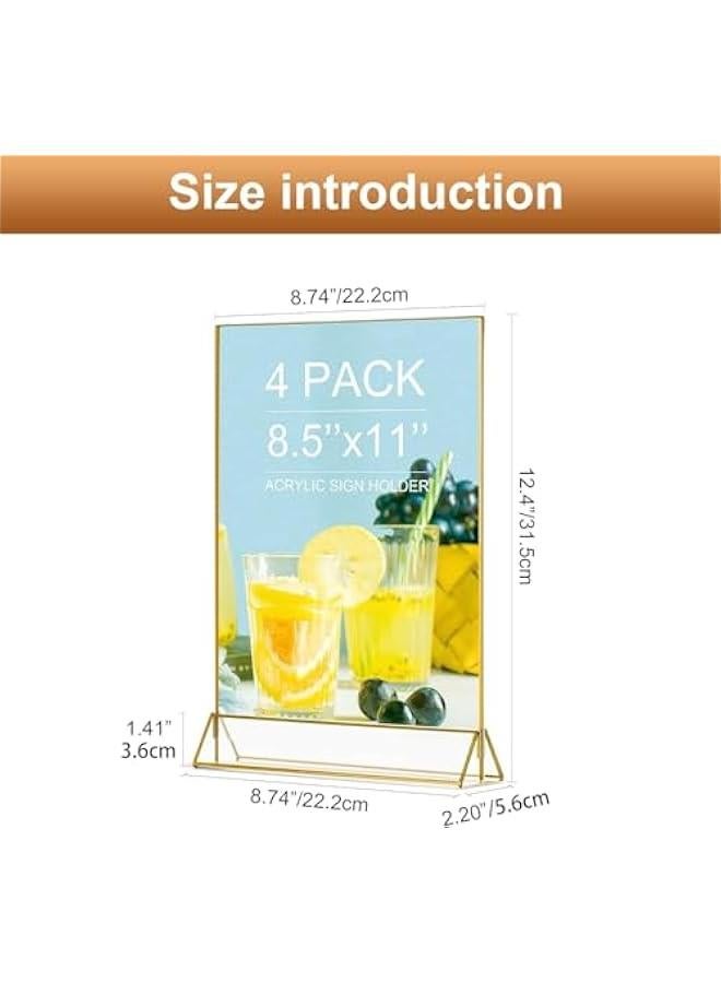 HOOKOR Durku 4Pack 8.5 x 11 Clear Acrylic Sign Holder with Gold Borders and Vertical Stand,Double Sided Table Menu Holders Picture Frames for Wedding Table Numbers,Restaurant Signs,Photos and Art Display - Image 2