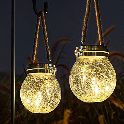 ROSHWEY Solar Lantern, 2 Pack Garden Decor Lights Waterproof Outdoor Lanterns with 30 LED Solar Lights Patio Hanging Lights for Backyard Fence Pathway Porch Christmas Decorative, Warm White - Image 1