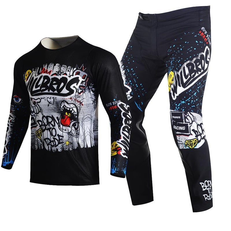 Willbros Youth Motocross Pant and Jersey Combo Moto Gear Set for Kids Children MX Offroad Racing ATV Sports Motorcycle Suit Black White YXL - Image 2