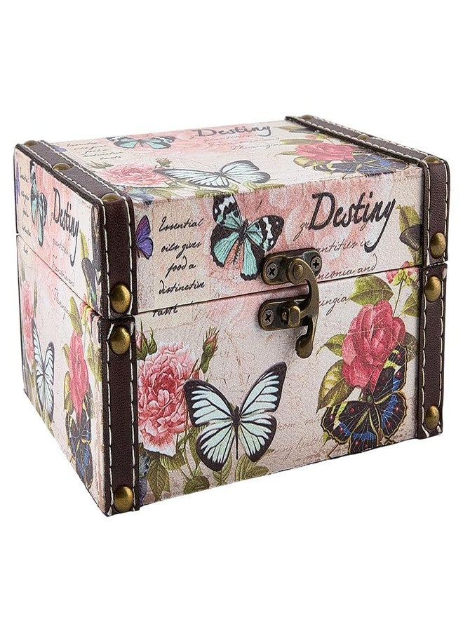 CALFOVERA 6.30 x 5.20 x 3.54 Inch Decorative Wooden Treasure Chest Box for Jewelry Trinkets Butterfly Floral Pattern Keepsakes Box Retro PU Leather Storage Case Organizer for Women Jewelry Earring - Image 1