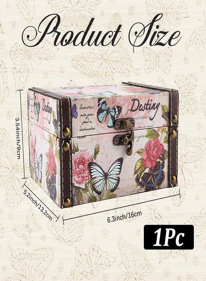 CALFOVERA 6.30 x 5.20 x 3.54 Inch Decorative Wooden Treasure Chest Box for Jewelry Trinkets Butterfly Floral Pattern Keepsakes Box Retro PU Leather Storage Case Organizer for Women Jewelry Earring - Image 2
