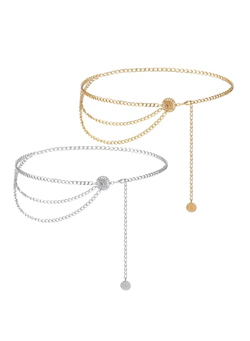 أوزيغالور 2 قطعة سلاسل خصر معدنية نسائية متعددة الطبقات مع شرابات، مجوهرات ذهبية وفضية قابلة للتعديل للجينز والفساتين - Image 1