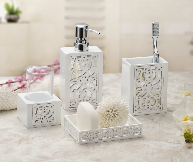 Creative Scents Mirror Janette White Bathroom Accessories Set - Decorative 4 Piece Bathroom Set - Mirrored Bathroom Accessory Set Includes: Soap Dispenser, Toothbrush Holder, Tumbler and Soap Dish - Image 2