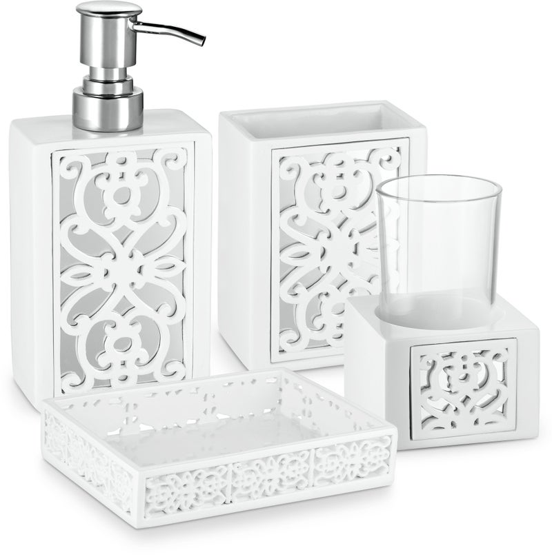 Creative Scents Mirror Janette White Bathroom Accessories Set - Decorative 4 Piece Bathroom Set - Mirrored Bathroom Accessory Set Includes: Soap Dispenser, Toothbrush Holder, Tumbler and Soap Dish - Image 1