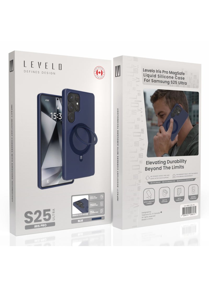 LEVELO - S25 Ultra Magsafe Case Iris Pro Liquid Silicone Case / Built-In Stand / Impact-Resistant Corners / Metal Camera Ring /  Drop Protecting Magsafe Back Cover - Blue - Image 1