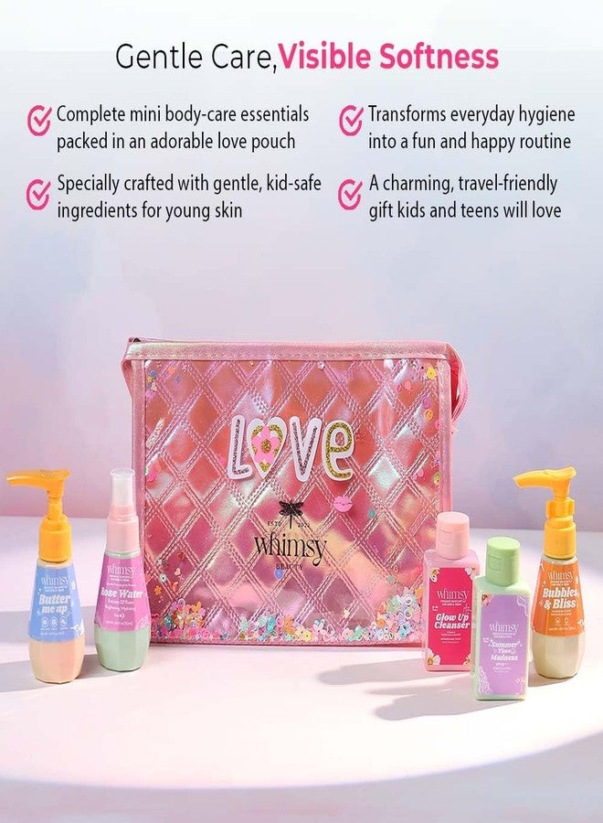 Whimsy Beauty Mini Body Care Love Pouch Kit | Safe Non Toxic Body Care Set for Kids & Pre-Teens | Includes Moisturizer, Body Wash, Cleanser, Rose Water & Sunscreen | Vegan and Cruelty Free (Pack of 5) - Image 3