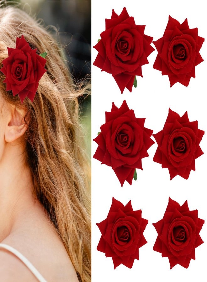 AMCAMI 6PCS Red Rose Hair Clips,Fabric Flower Bride Bridemaids Hair Clip,Hair Accessories Brooch for Valentine's Day,Wedding, Daily & Dance Party - Image 1