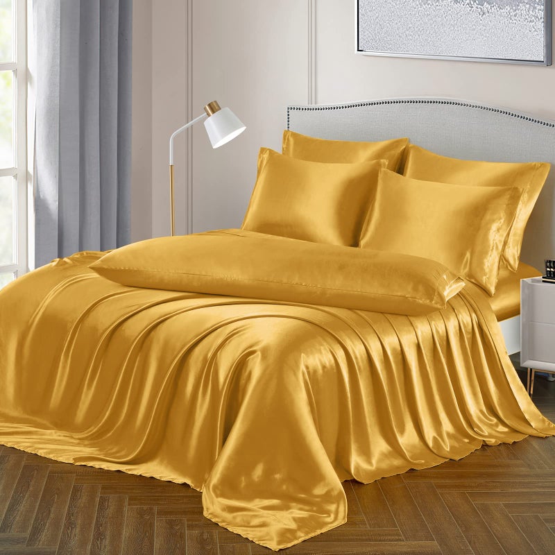 Ersmak 7 Pieces Satin Sheets Set King Size Luxury Silky Gold Satin Bed Sheets Set with 1 Deep Pocket Fitted Sheet 1 Soft Flat Sheet 4 King Pillowcases and 1 Body Pillowcase