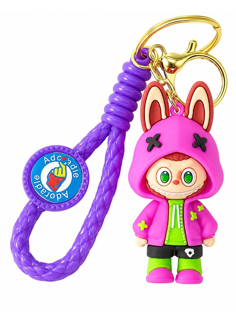 Adorable Character Bunny Hoodie PVC Keychain with Purple Wrist Strap, Cute Cartoon Key Ring for Car Keys, House Keys, Bike Keys, Backpack, Handbag, Soft Rubber Key Holder, Collectible Gift for Kids, Teens, Women and Men, Durable Cute Accessory ERPC labubu - Image 1