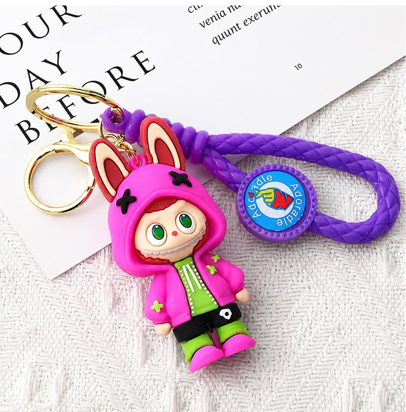 Adorable Character Bunny Hoodie PVC Keychain with Purple Wrist Strap, Cute Cartoon Key Ring for Car Keys, House Keys, Bike Keys, Backpack, Handbag, Soft Rubber Key Holder, Collectible Gift for Kids, Teens, Women and Men, Durable Cute Accessory ERPC labubu - Image 2
