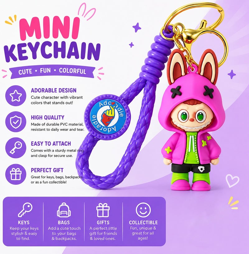 Adorable Character Bunny Hoodie PVC Keychain with Purple Wrist Strap, Cute Cartoon Key Ring for Car Keys, House Keys, Bike Keys, Backpack, Handbag, Soft Rubber Key Holder, Collectible Gift for Kids, Teens, Women and Men, Durable Cute Accessory ERPC labubu - Image 5