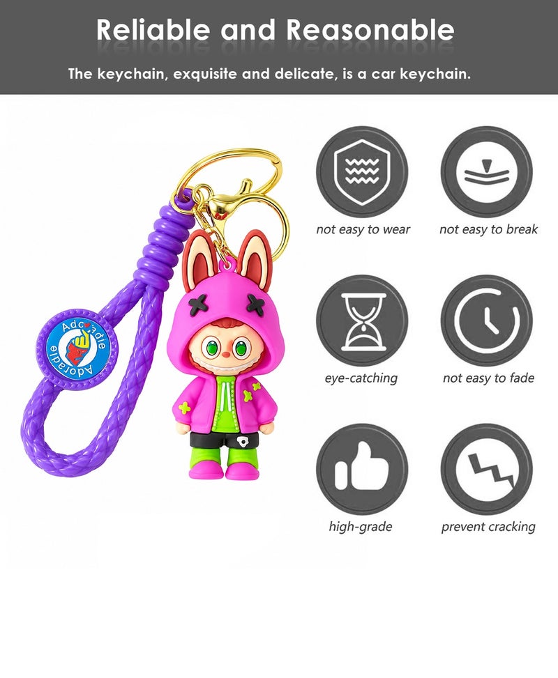 Adorable Character Bunny Hoodie PVC Keychain with Purple Wrist Strap, Cute Cartoon Key Ring for Car Keys, House Keys, Bike Keys, Backpack, Handbag, Soft Rubber Key Holder, Collectible Gift for Kids, Teens, Women and Men, Durable Cute Accessory ERPC labubu - Image 3