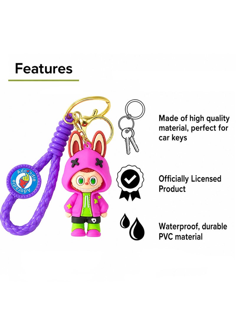 Adorable Character Bunny Hoodie PVC Keychain with Purple Wrist Strap, Cute Cartoon Key Ring for Car Keys, House Keys, Bike Keys, Backpack, Handbag, Soft Rubber Key Holder, Collectible Gift for Kids, Teens, Women and Men, Durable Cute Accessory ERPC labubu - Image 4