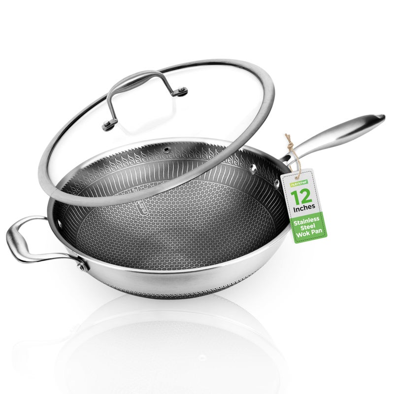 NutriChef 12" Stainless Steel Wok - Induction ready, Non Stick Tri-ply technology, Scratch-resistant Honeycomb Fire Textured Pattern - Image 1