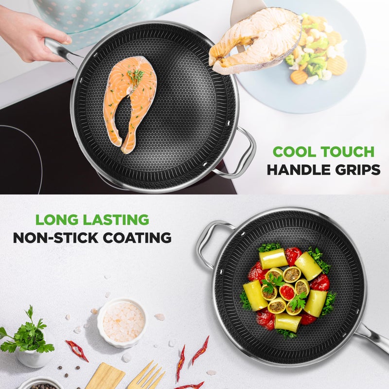 NutriChef 12" Stainless Steel Wok - Induction ready, Non Stick Tri-ply technology, Scratch-resistant Honeycomb Fire Textured Pattern - Image 4
