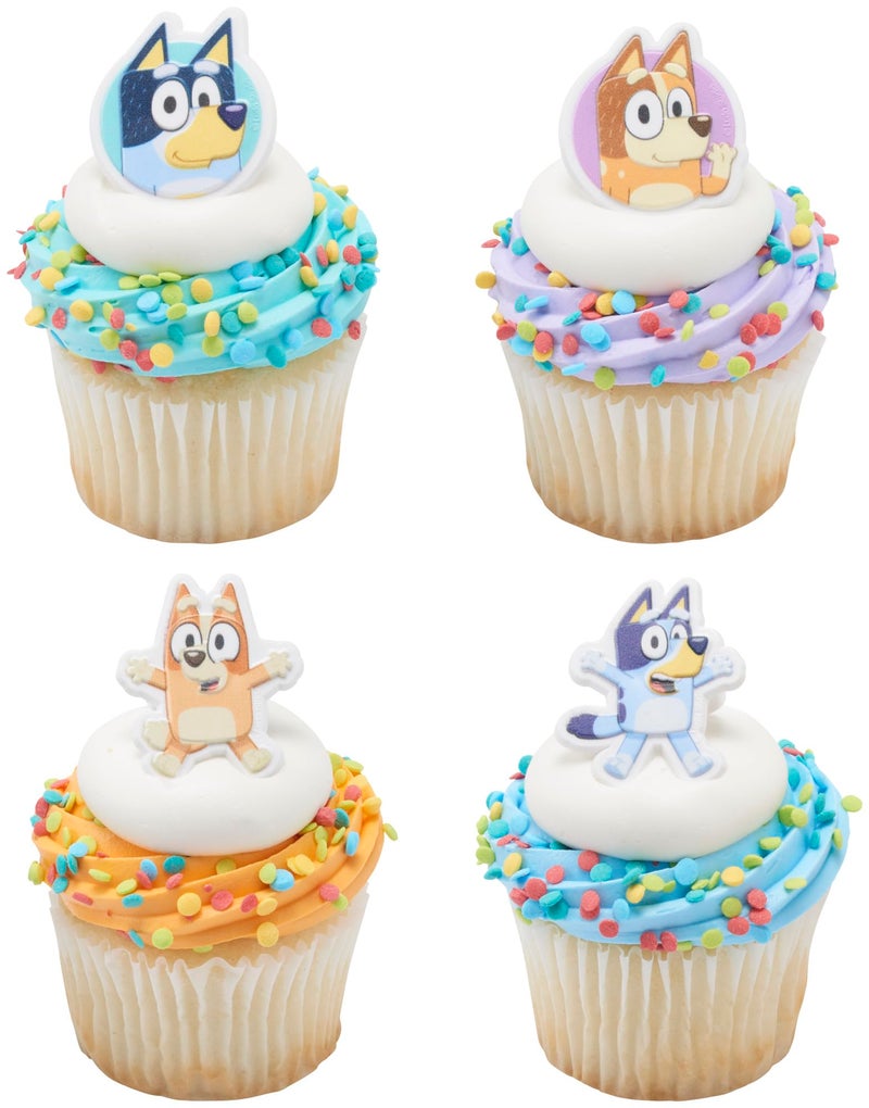 DecoPac Bluey So Much Fun Rings, 72 Cupcake Decorations Featuring Bluey, Bingo, Bandit, and Chilli, 3D Food Safe Cake Toppers â€“ 72 Pack - Image 1