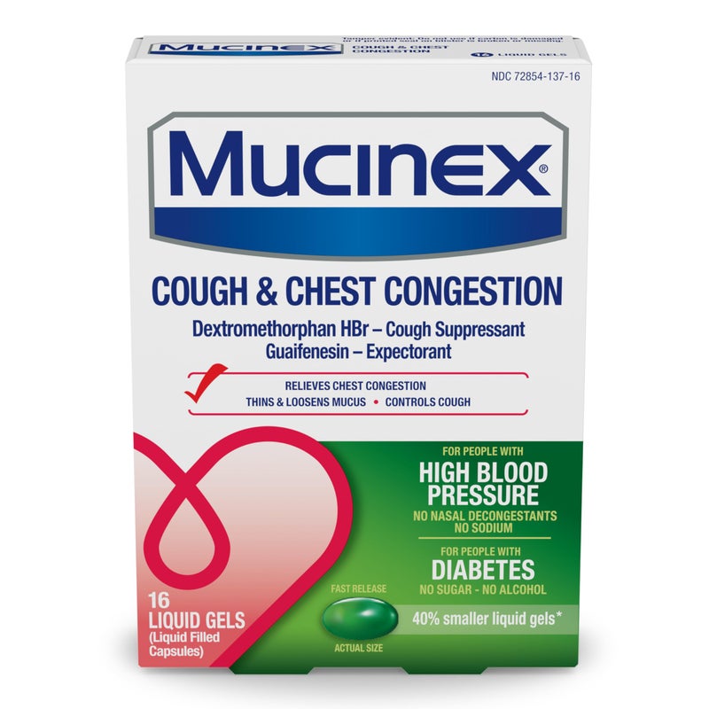 Mucinex Cough Chest Congestion High Blood Pressure Liquid Gels 16 ct