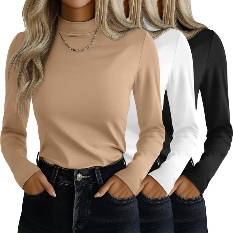 Ficerd 3 Pack Womens Mock Turtleneck Shirts Long Sleeve Mock Neck Pullover Tops Slim Fitted Stretch Undershirt Tee BlouseBlack White MochaLarge - Image 2