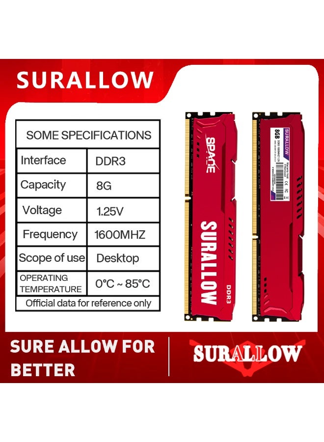 سورالوا ذاكرة SURALLOW DDR3 سعة 8 جيجابايت بتردد 1600 ميجاهرتز لأجهزة الكمبيوتر المكتبية المخصصة للألعاب، عالية السرعة، بتردد نقل بيانات CL11. - Image 2