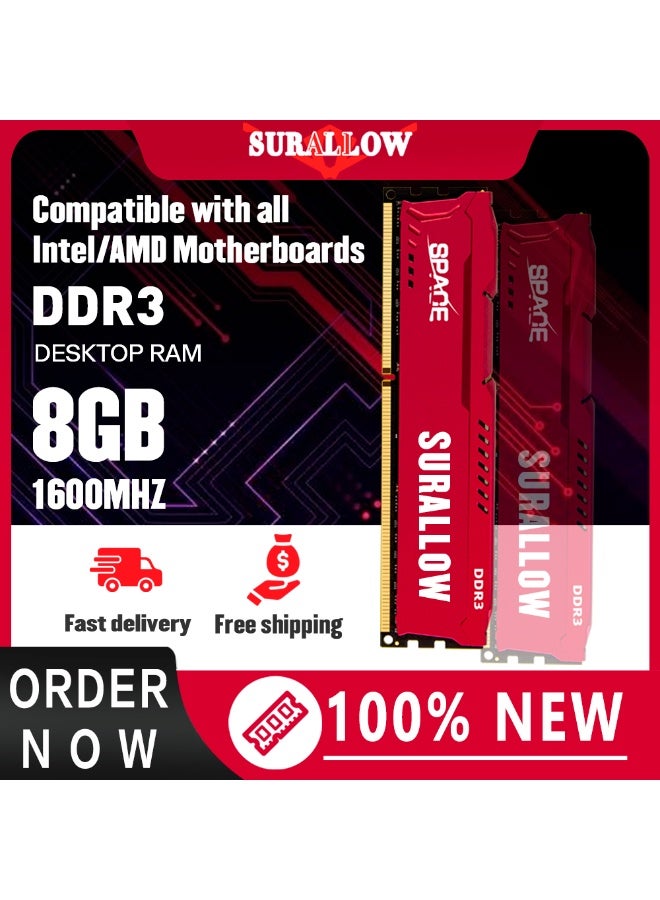 سورالوا ذاكرة SURALLOW DDR3 سعة 8 جيجابايت بتردد 1600 ميجاهرتز لأجهزة الكمبيوتر المكتبية المخصصة للألعاب، عالية السرعة، بتردد نقل بيانات CL11. - Image 1