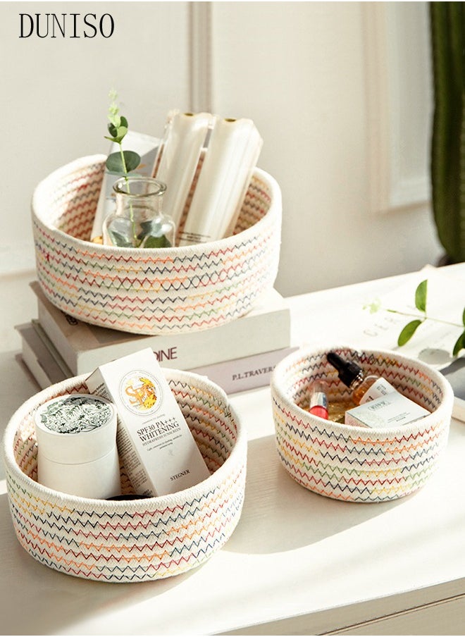 DUNISO 3-Pieces Cotton Storage Basket , Small Woven Basket, Desktop Storage Basket,Cotton Rectangle Woven Baskets For Storaging Toys, Snacks,Stationery,Sundries,Multicolour  - Image 1