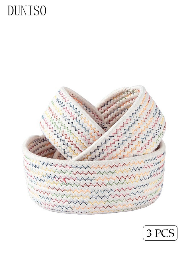 DUNISO 3-Pieces Cotton Storage Basket , Small Woven Basket, Desktop Storage Basket,Cotton Rectangle Woven Baskets For Storaging Toys, Snacks,Stationery,Sundries,Multicolour  - Image 3