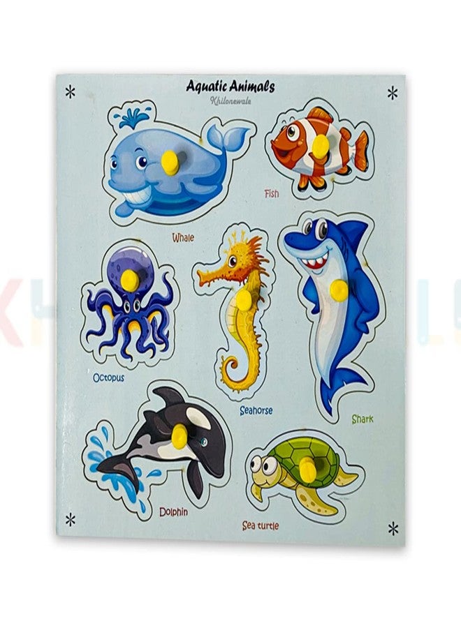 Khilonewale Kid's Wooden Aquatic/Sea Animals Puzzle Set | Knob Puzzle Board | Educational Learning Toy for Kids - Image 1