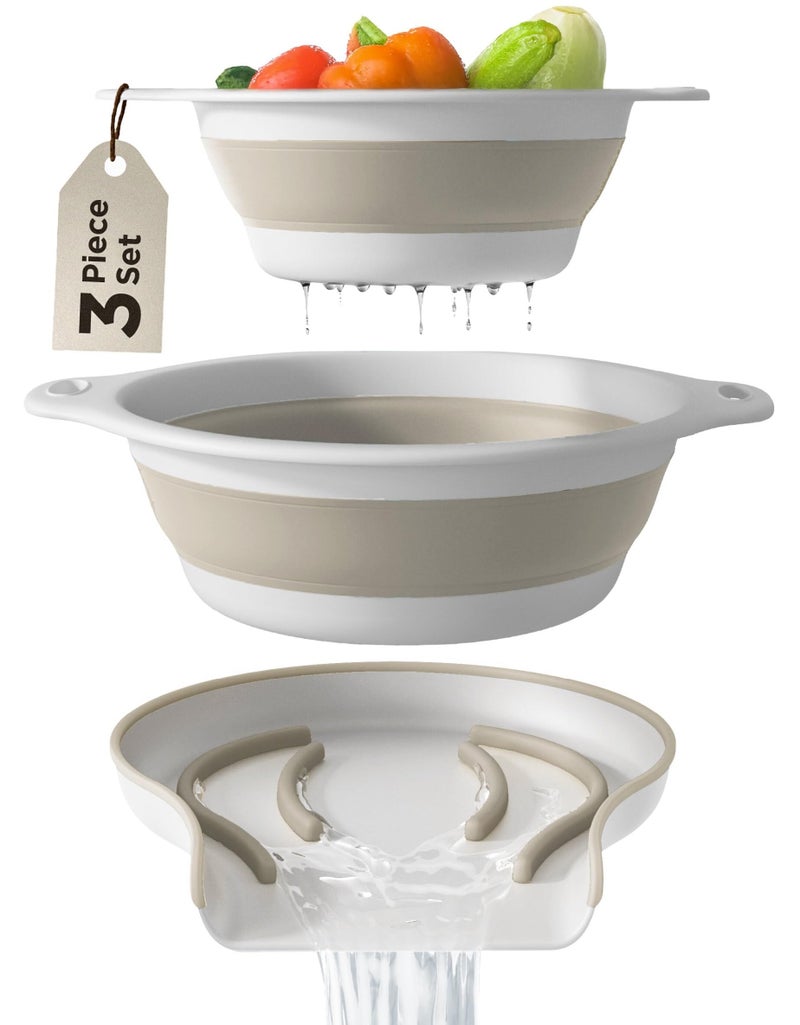 Gevoli Collapsible Colanders 2 Pack Set Food Strainers with OverSink Water Draining Base for Pasta Fruits and Vegetables 4 and 5 Quart White Beige - Image 2