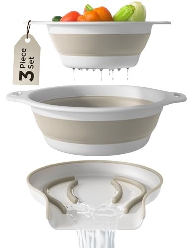 Gevoli Collapsible Colanders 2 Pack Set Food Strainers with OverSink Water Draining Base for Pasta Fruits and Vegetables 4 and 5 Quart White Beige - Image 1
