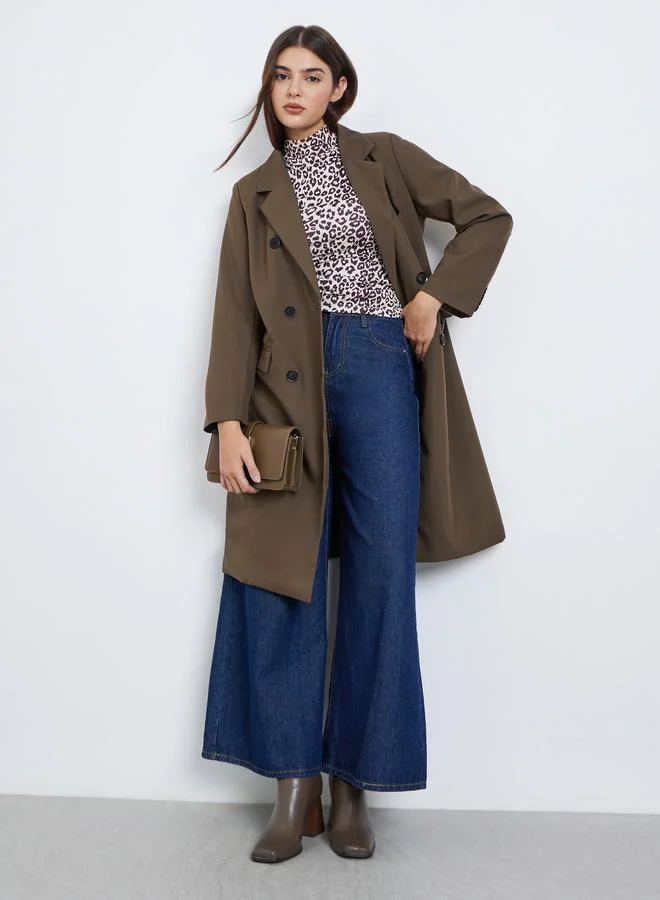 Styli Brown Knee-Length Double-Breasted Coat