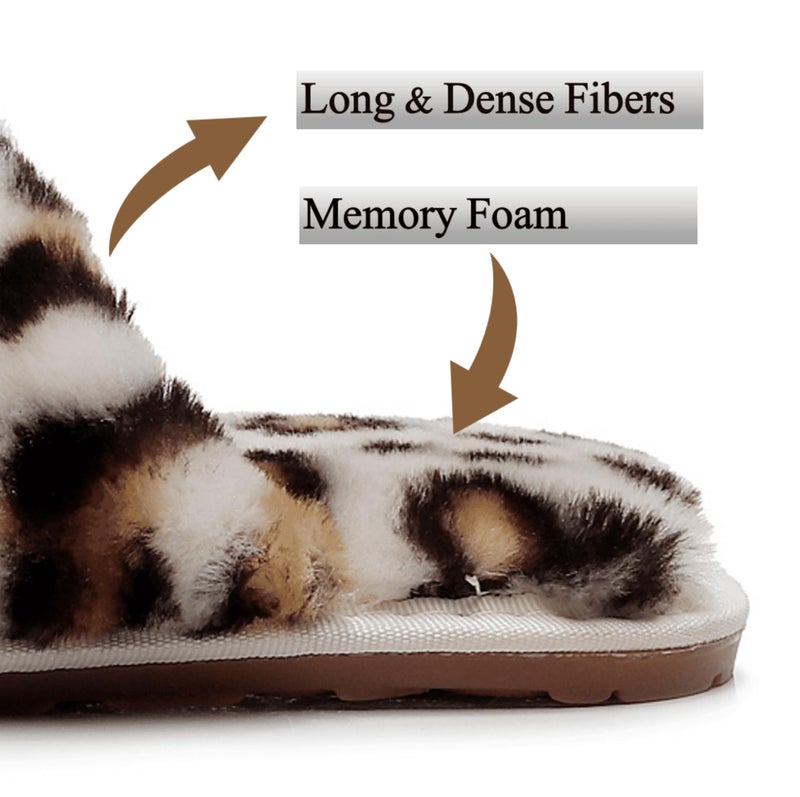 Crazy Lady Women's Fuzzy Fluffy House Slippers Cute Plush Memory Foam Shoes Cross Band Indoor Outdoor Open Toe Sandals(06/Beige,Leopard 8.5-9.5) - Image 4