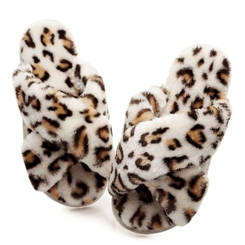 Crazy Lady Women's Fuzzy Fluffy House Slippers Cute Plush Memory Foam Shoes Cross Band Indoor Outdoor Open Toe Sandals(06/Beige,Leopard 8.5-9.5) - Image 1