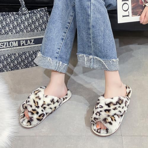 Crazy Lady Women's Fuzzy Fluffy House Slippers Cute Plush Memory Foam Shoes Cross Band Indoor Outdoor Open Toe Sandals(06/Beige,Leopard 8.5-9.5) - Image 2