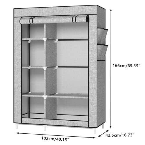 Calmootey Portable Closet Organizers, Clothing Storage, Wardrobe with 6 Shelves and Hanging Rod, Non-Woven Fabric Cover with 4 Side Pockets, Ash Grey - Image 3