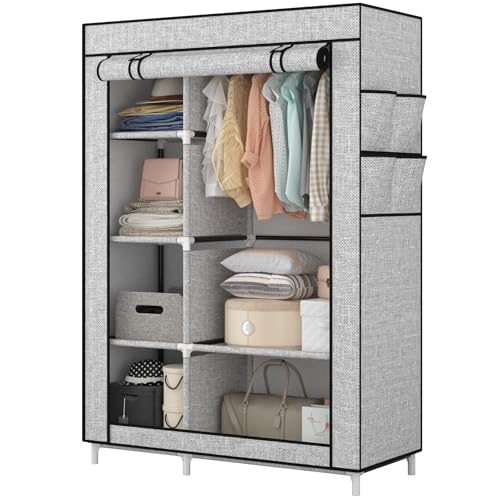 Calmootey Portable Closet Organizers, Clothing Storage, Wardrobe with 6 Shelves and Hanging Rod, Non-Woven Fabric Cover with 4 Side Pockets, Ash Grey - Image 2