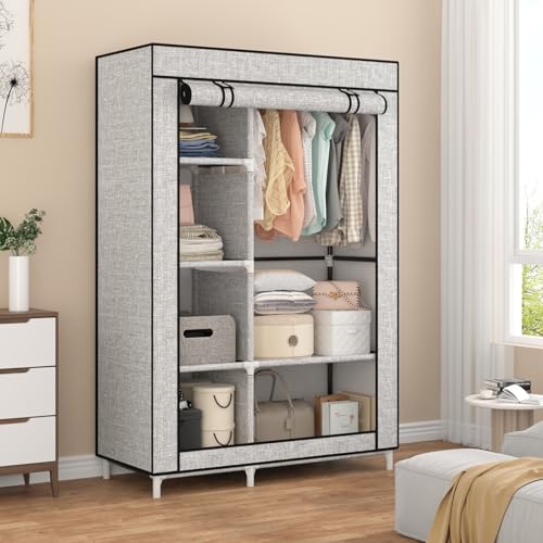 Calmootey Portable Closet Organizers, Clothing Storage, Wardrobe with 6 Shelves and Hanging Rod, Non-Woven Fabric Cover with 4 Side Pockets, Ash Grey - Image 4