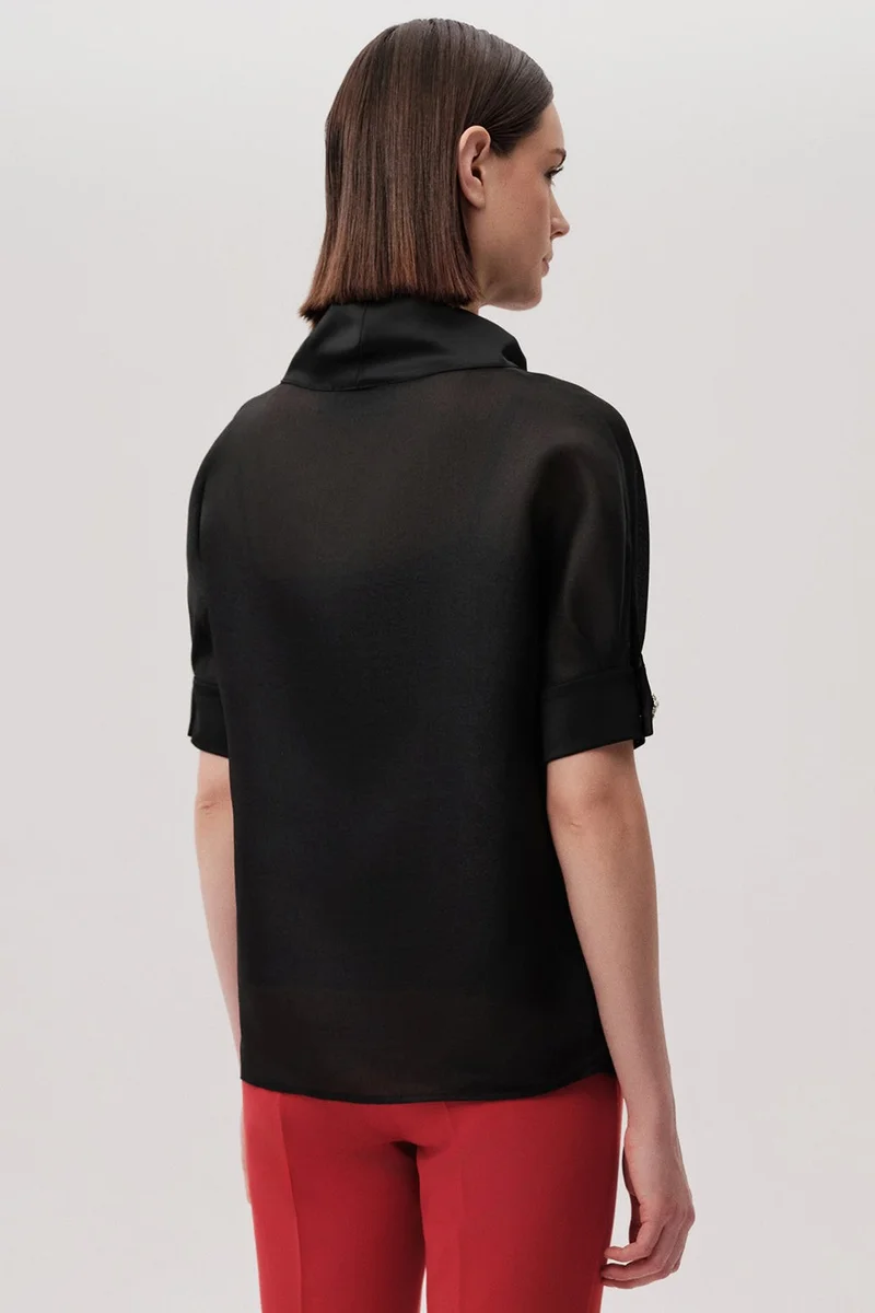 EXQUISE Short-sleeved, lined, turtleneck, draped collar, regular black organza blouse.
