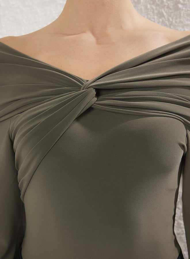 trendyol Khaki Asymmetric Collar Knitted Bodysuit TPRAW25BD00009 - Image 2