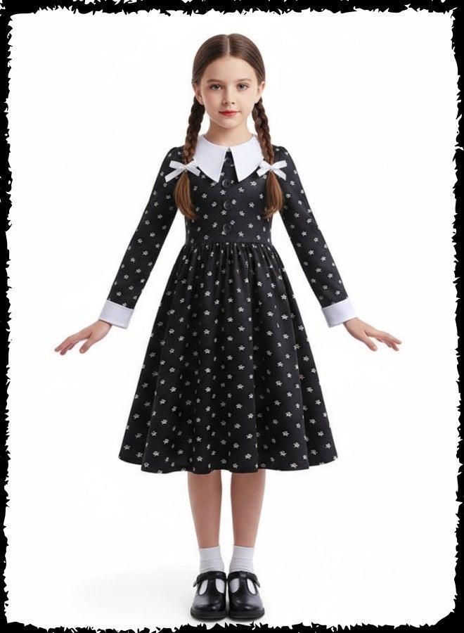 Wednesday Addams Cosplay Costume Set for Girls - Black Skull Print Dress with White Collar, Braided Wig & Matching Bag | Halloween Party, Role Play, Carnival Outfit - Image 2