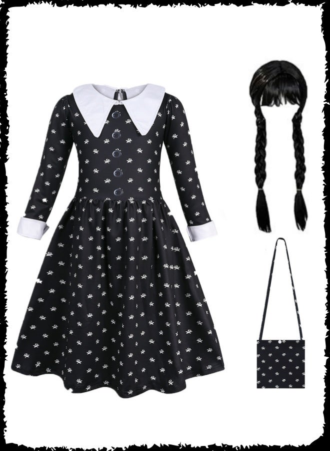 Wednesday Addams Cosplay Costume Set for Girls - Black Skull Print Dress with White Collar, Braided Wig & Matching Bag | Halloween Party, Role Play, Carnival Outfit - Image 1