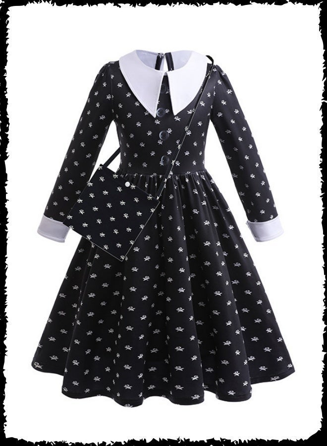 Wednesday Addams Cosplay Costume Set for Girls - Black Skull Print Dress with White Collar, Braided Wig & Matching Bag | Halloween Party, Role Play, Carnival Outfit - Image 3