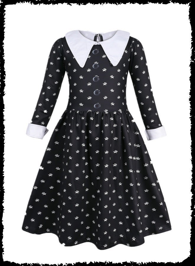 Wednesday Addams Cosplay Costume Set for Girls - Black Skull Print Dress with White Collar, Braided Wig & Matching Bag | Halloween Party, Role Play, Carnival Outfit - Image 4