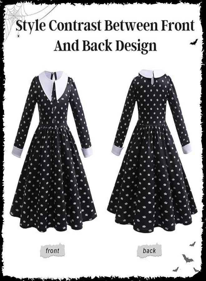 Wednesday Addams Cosplay Costume Set for Girls - Black Skull Print Dress with White Collar, Braided Wig & Matching Bag | Halloween Party, Role Play, Carnival Outfit - Image 5