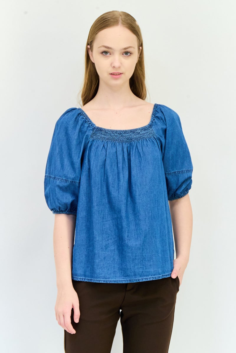 GAP Women Square Neck Puff Sleeve Washed Top, Blue - Image 1