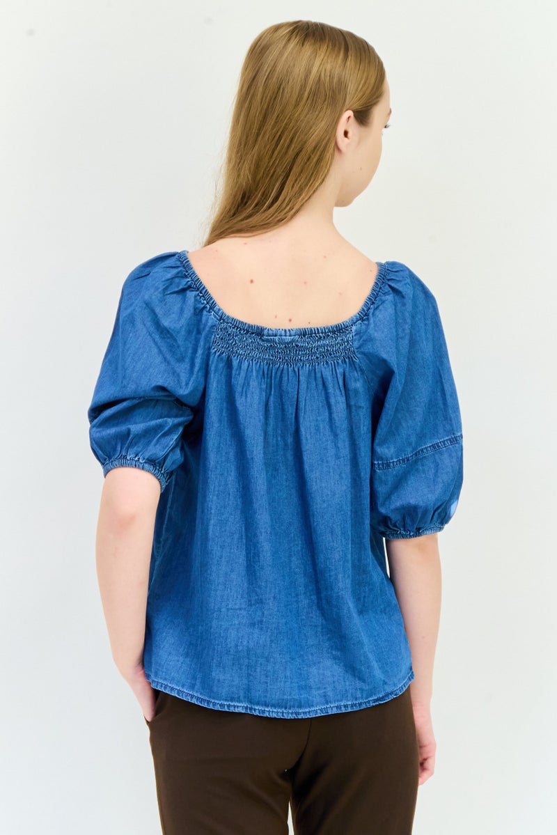 GAP Women Square Neck Puff Sleeve Washed Top, Blue - Image 3