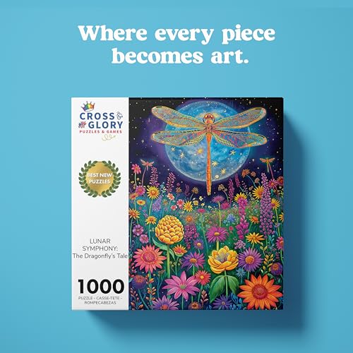 Cross & Glory Cross Glory 1000 Piece Jigsaw Puzzle for Adults Lunar Symphony The Dragonflys Tale Best New Enchanted Nature Puzzle Vibrant Nighttime Artwork 20x27 Inches Flower Puzzle - Image 5