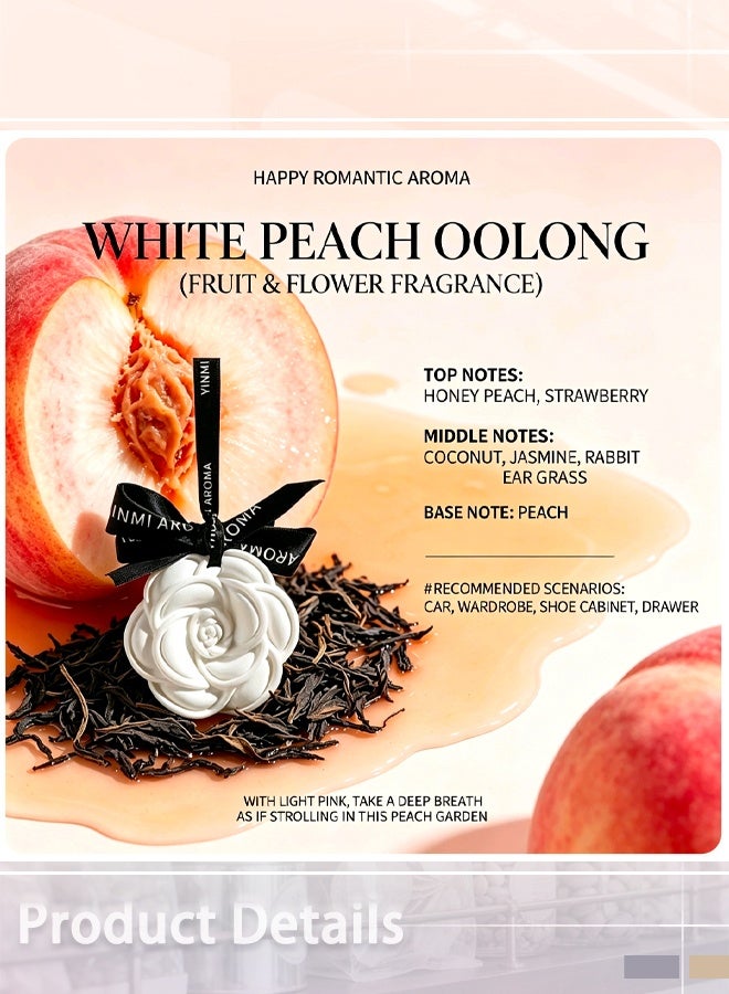 5-Pcs White Peach Oolong Car Diffusers, Sweet Floral Scented Natural Aromatherapy, Rose-Shaped Air Freshener with Black Ribbon, Plant-Based Oil for Car, Closet, Drawer - Image 2